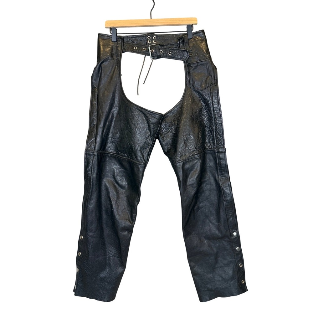 Vintage FMC Leather Motorcycle Chaps Mens Belted Riding Gear Medium Black